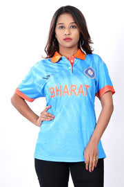 Indian Cricket Team Jersey Women Printed Polo Neck Polyester Blue T-Shirt