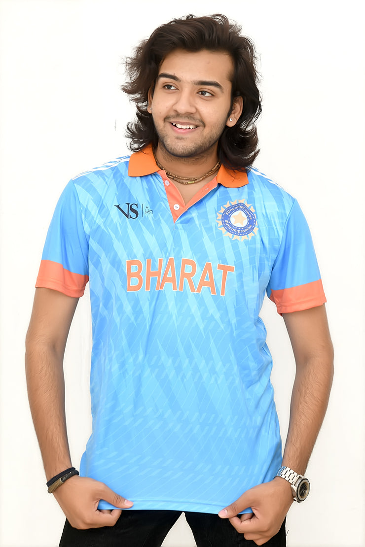 Indian Cricket Team Jersey Men Printed Polo Neck Polyester Blue T-Shirt
