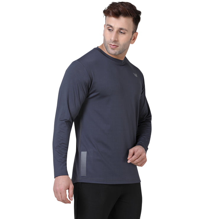 VS by Sehwag 4 Way Stretchable Round Neck Full Sleeve Grey T Shirt for Men