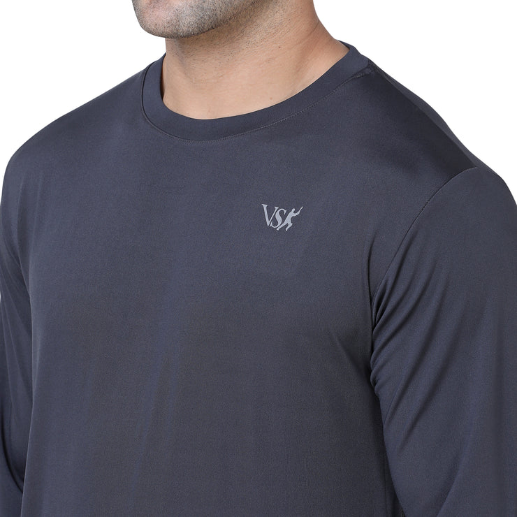 VS by Sehwag 4 Way Stretchable Round Neck Full Sleeve Grey T Shirt for Men